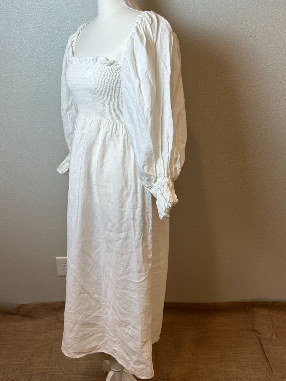 Sleeper Atlanta White Linen Dress Smocked Puff Sleeve Cottagecore Boho Bridal S - Picture 4 of 10